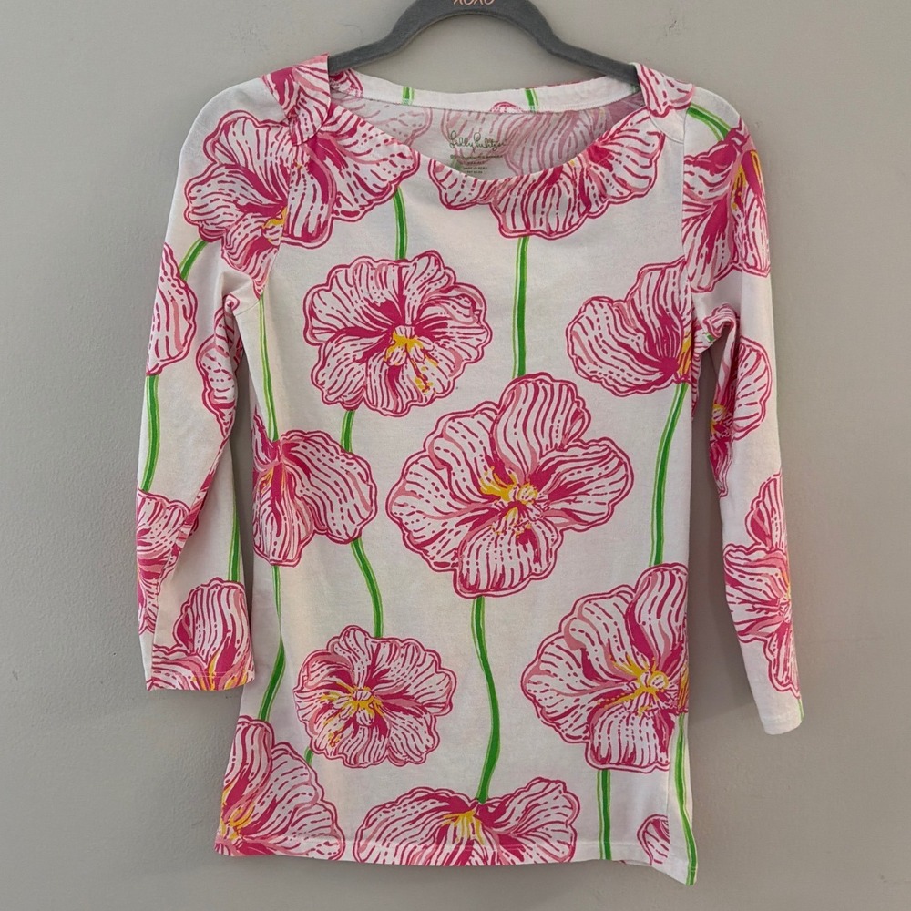Lilly Pulitzer Women‎ Pink Green Floral Poppy Boat Neck Top XS  Cotton Blend
